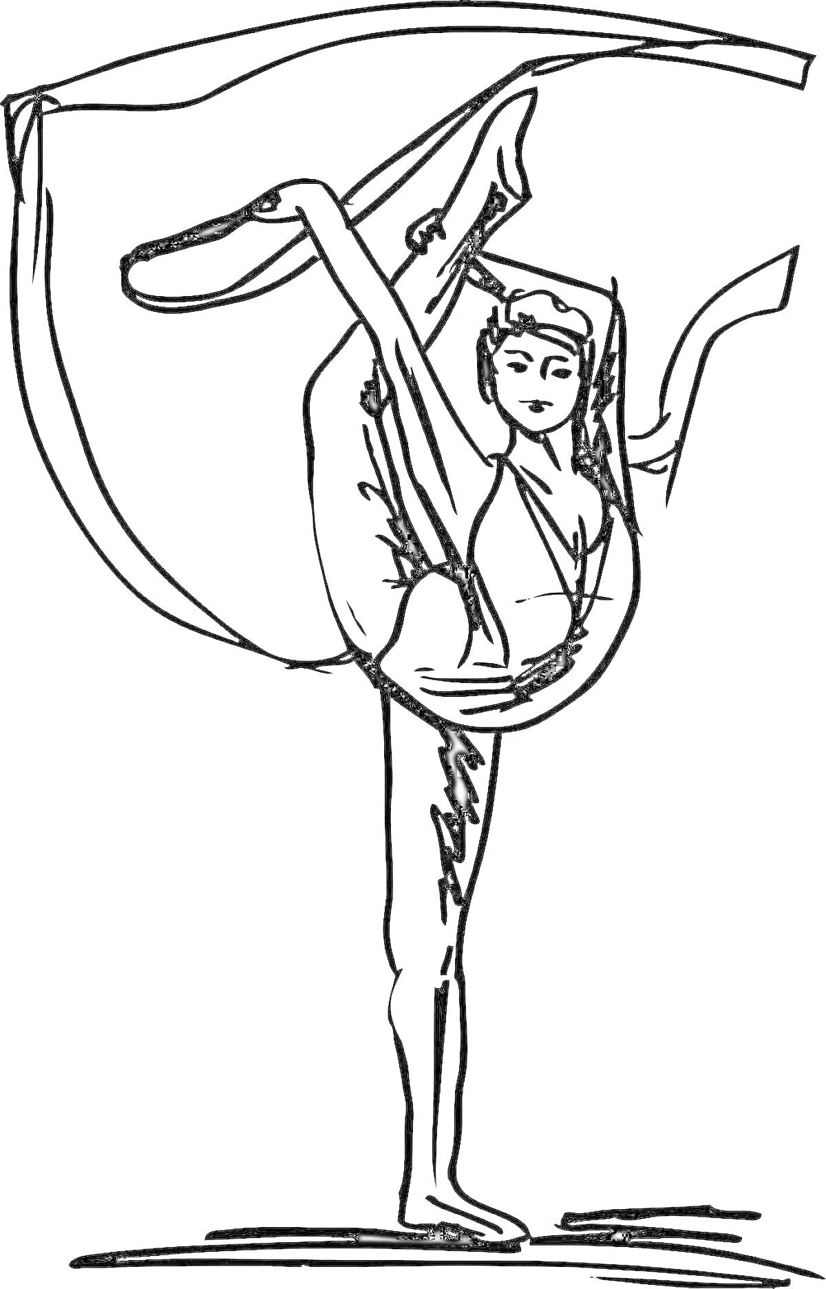 Раскраска Воздушная гимнастка в сложной акробатической позе с лентой