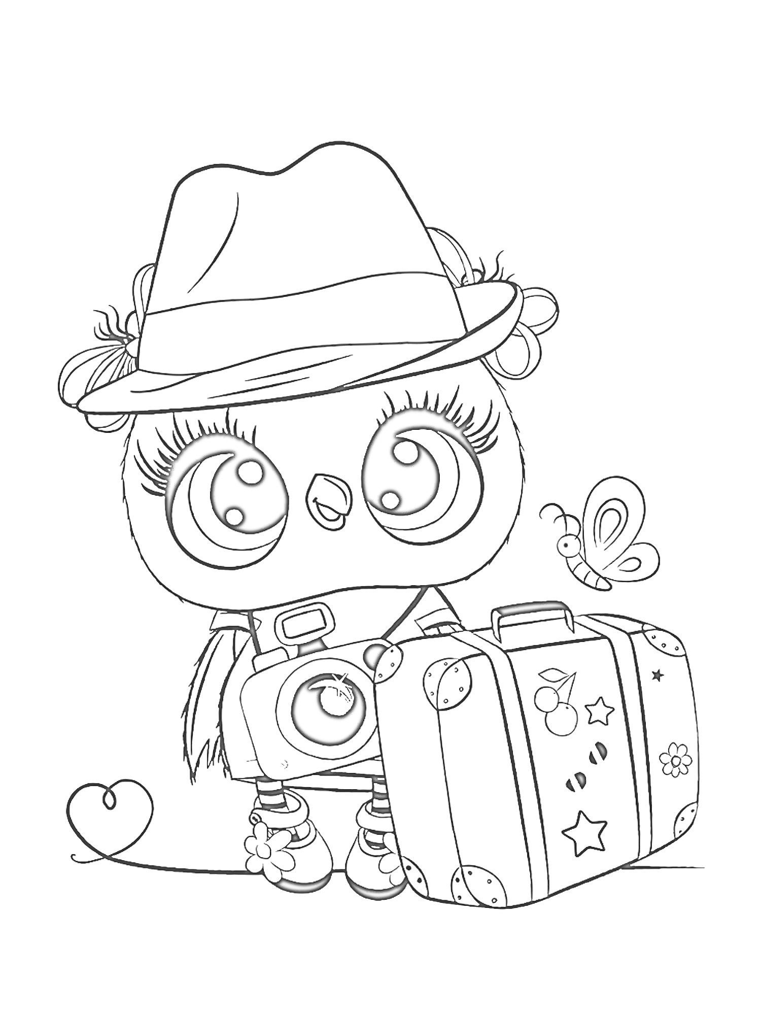 Раскраска Совенок в шляпе с фотоаппаратом и чемоданом, рядом с маленькой бабочкой и сердечком