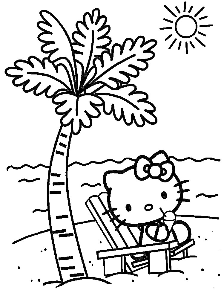 Раскраска Китти под пальмой на пляже с солнцем