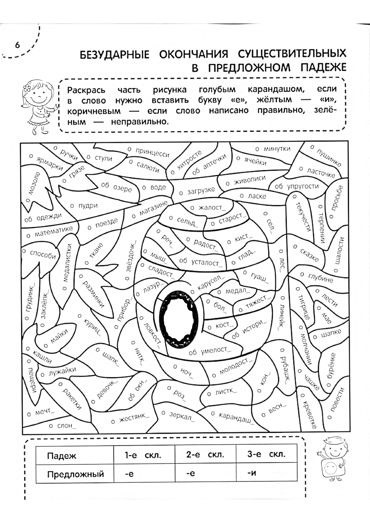 Раскраска Безударные окончания существительных в предложном падеже. Раскрашивание частей рисунка в зависимости от прописанной буквы.