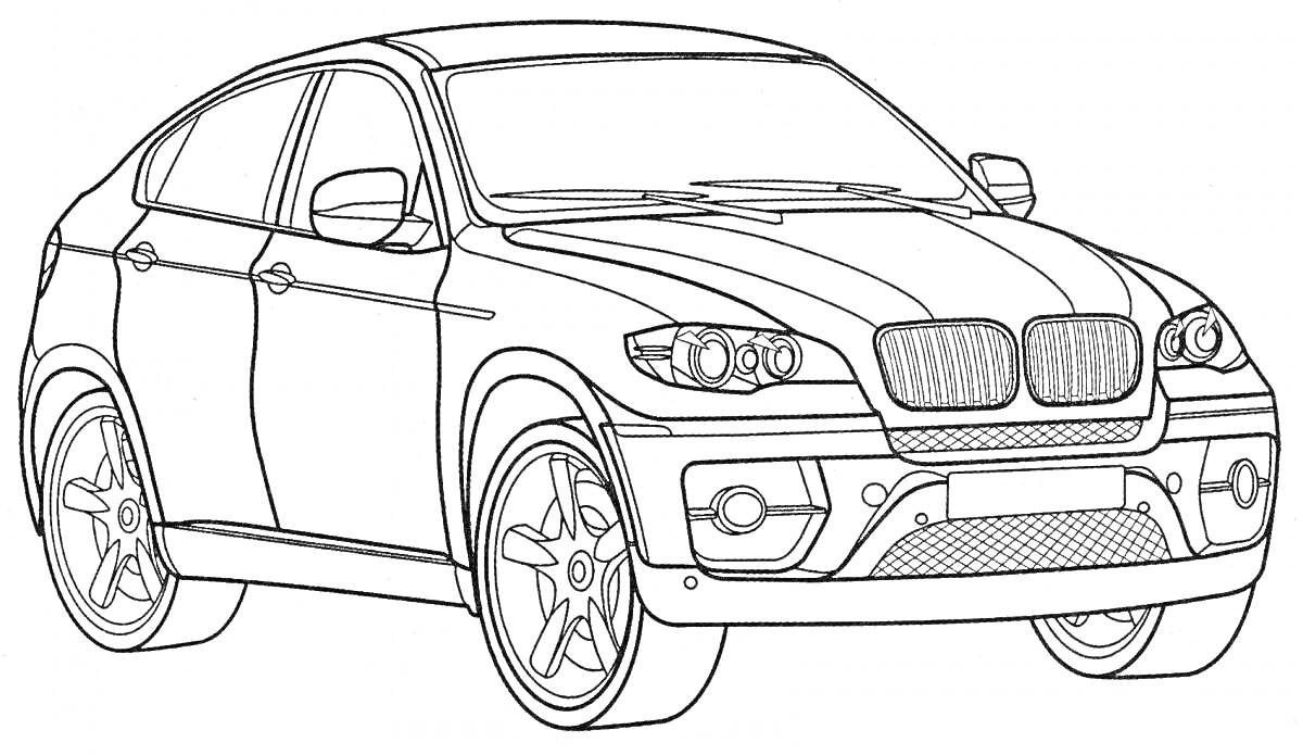 Раскраска Раскраска автомобиля BMW X6 со всеми деталями, включая колеса, фары, окна и кузов.