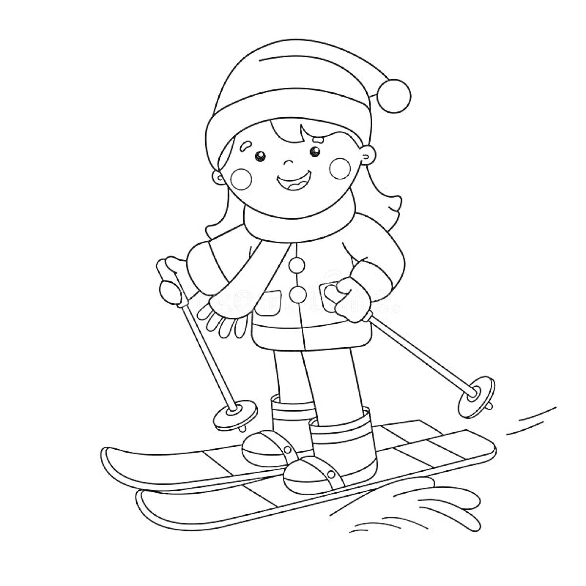 На раскраске изображено: Лыжник, Зима, Ребёнок, Шапка, Шарф, Куртка, Лыжи, Лыжные палки, Снег