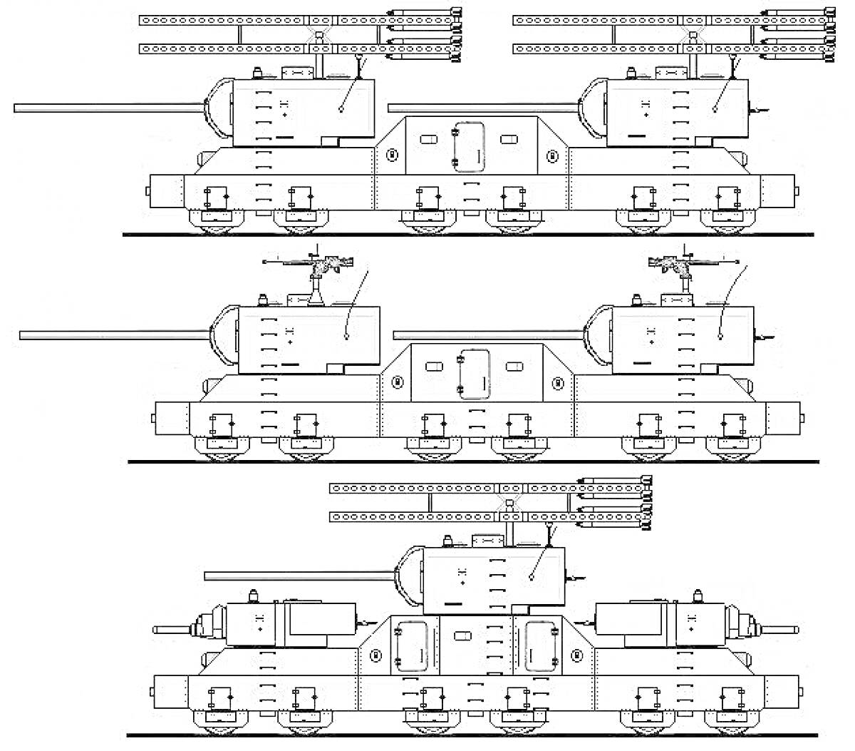 Раскраска Бронепоезд с двумя орудийными башнями и пулеметными установками