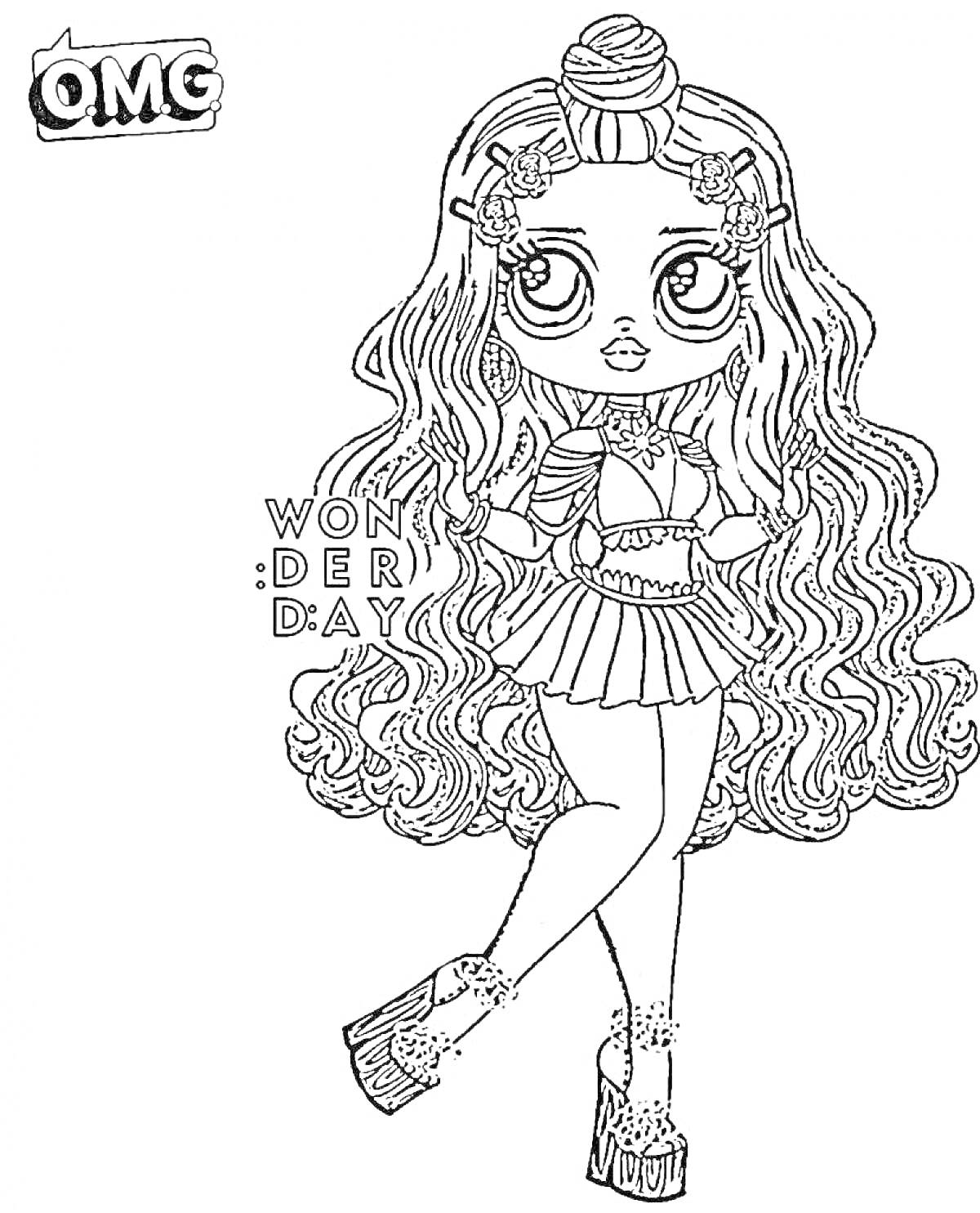 Раскраска Кукла ЛОЛ с длинными волнистыми волосами, в платье и на высоких платформах, надписью 