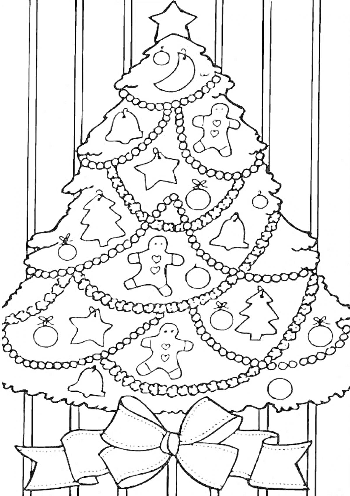 Раскраска раскраска елка новогодняя с гирляндами, игрушками в форме звезд, человечков, елочек и луны, бусами и бантом