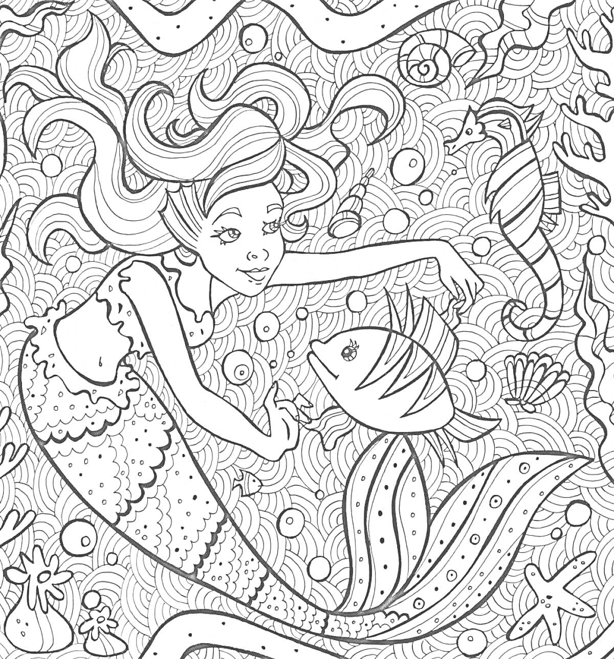 Раскраска Русалка с рыбкой, морским коньком и подводными растениями