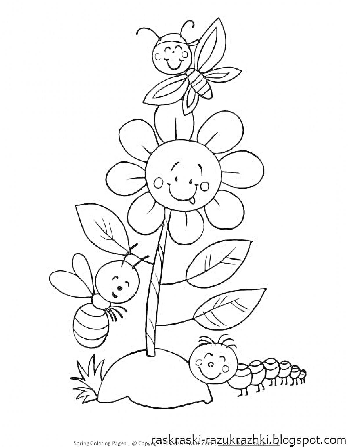 На раскраске изображено: Детский сад, Бабочка, Природа, Для детей, Цветы, Насекомое, Гусеницы, Пчёлы
