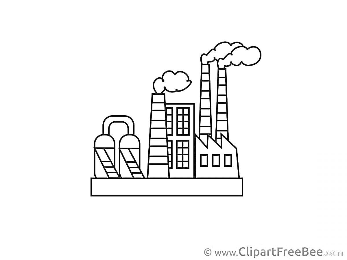 Раскраска Завод с трубами, зданиями и паровыми котлами
