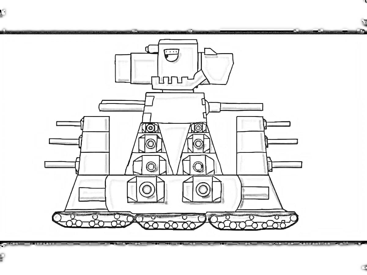 Раскраска Карл 44 танк с пушкой и двумя боковыми башнями и гусеницами