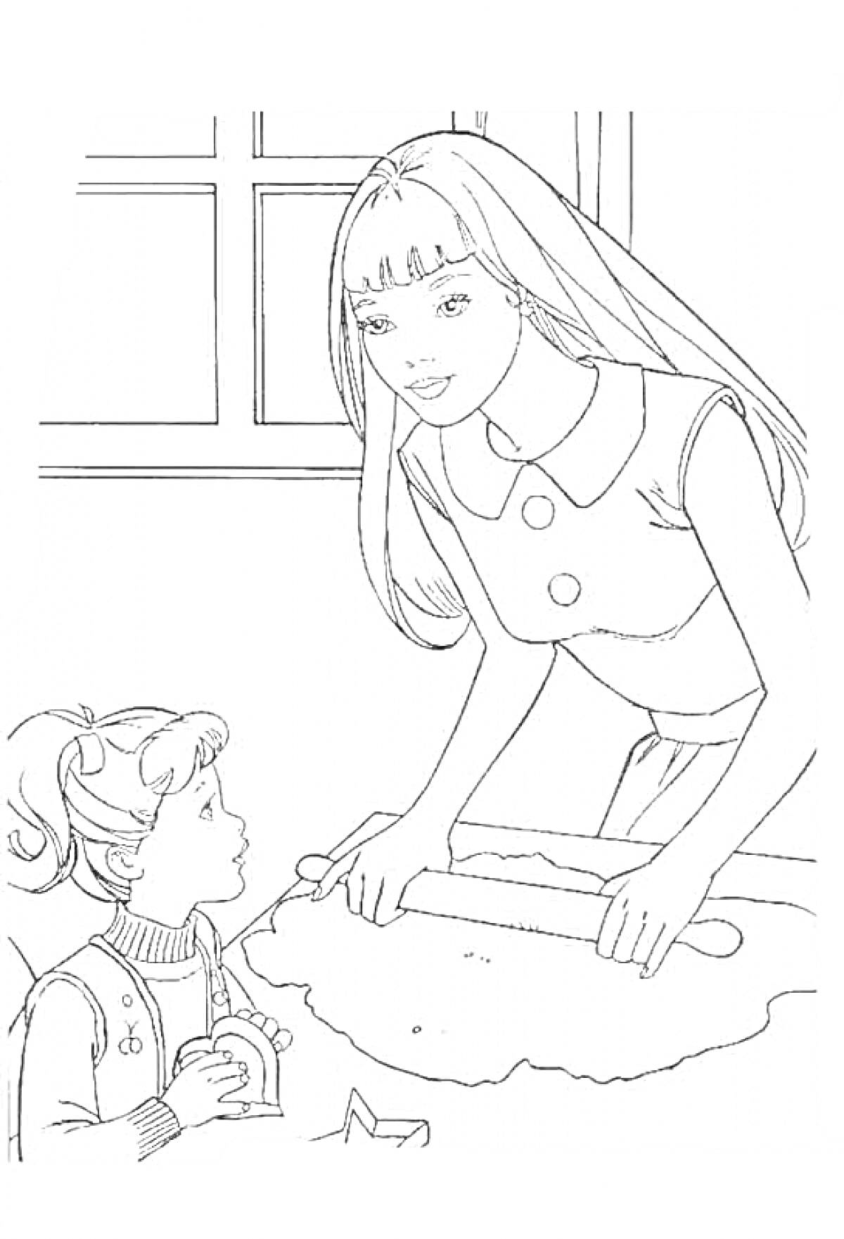 Раскраска Мама и дочка на кухне, дочка сидит за столом с печеньем, мама раскатывает тесто и смотрит на дочку, за ними окно.