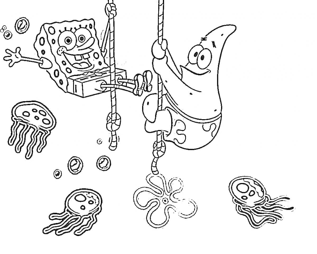 На раскраске изображено: Спанч Боб, Патрик, Подводный мир, Из мультфильмов, Медуза, Веревка