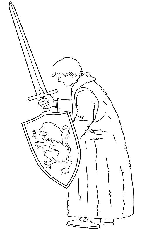 Раскраска Рыцарь с мечом и щитом с изображением льва