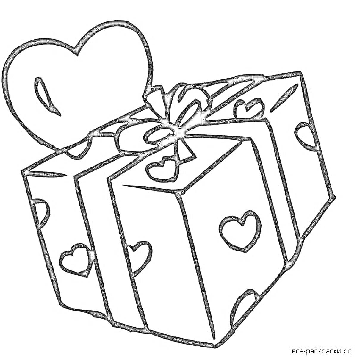 Раскраска Подарок с сердечками и бантом