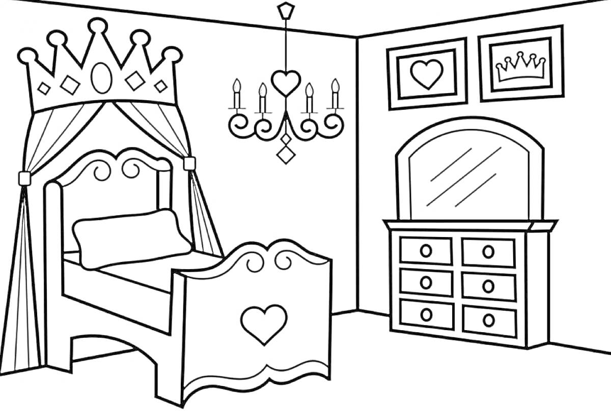 Раскраска Детская комната с кроватью в виде короны, люстрой, зеркалом, комодом и картинками на стене