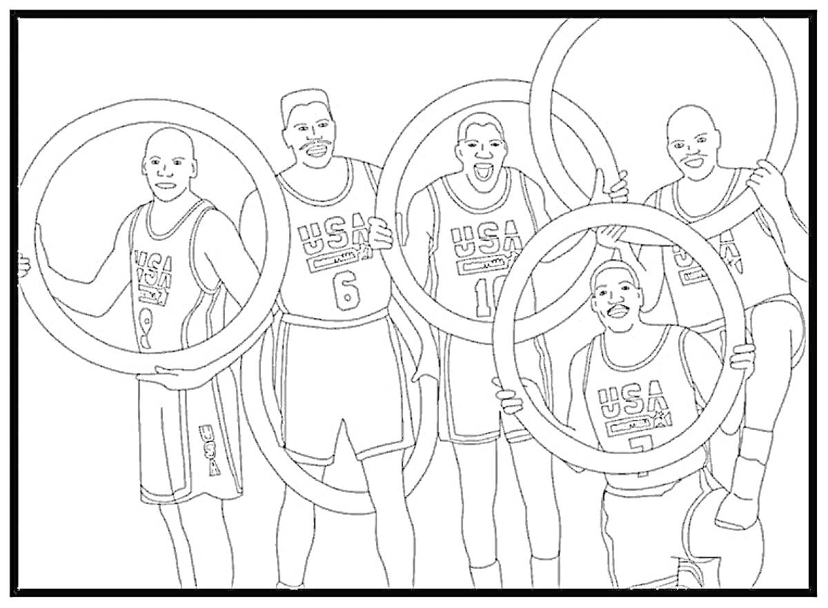 На раскраске изображено: Олимпийские игры, Баскетбол, Команда, США, Спорт, Олимпийские кольца, Спортсмен