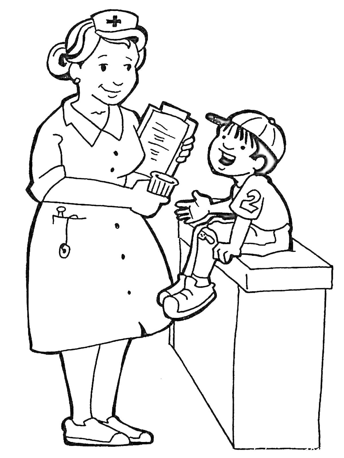 Раскраска медицинская сестра и мальчик с гипсом на ноге