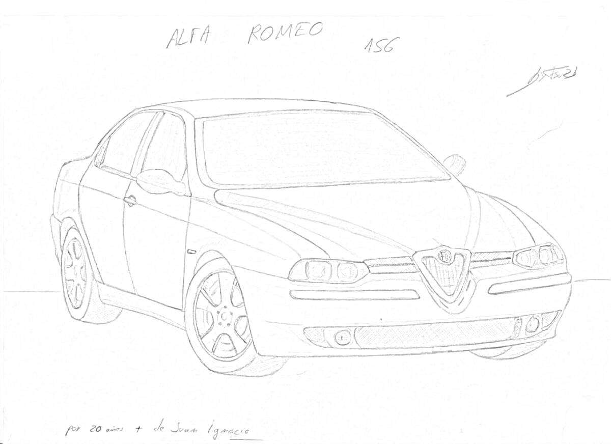 Раскраска Рисунок автомобиля Alfa Romeo, модель 156. На изображении показан вид спереди и сбоку, с деталями фар, колесных дисков и значком бренда.