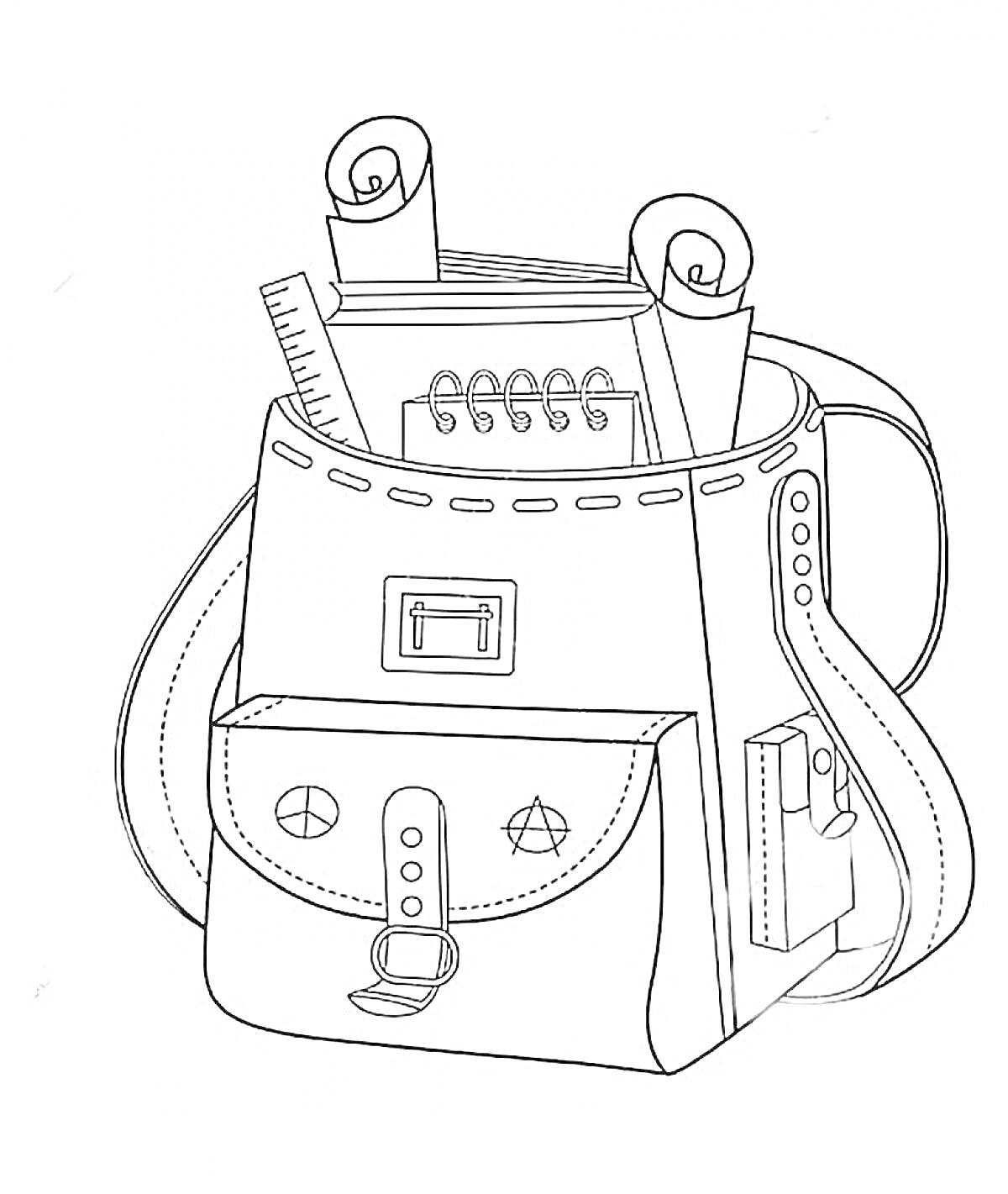 Раскраска Ранец с тетрадью, линейкой и свёрнутыми листами