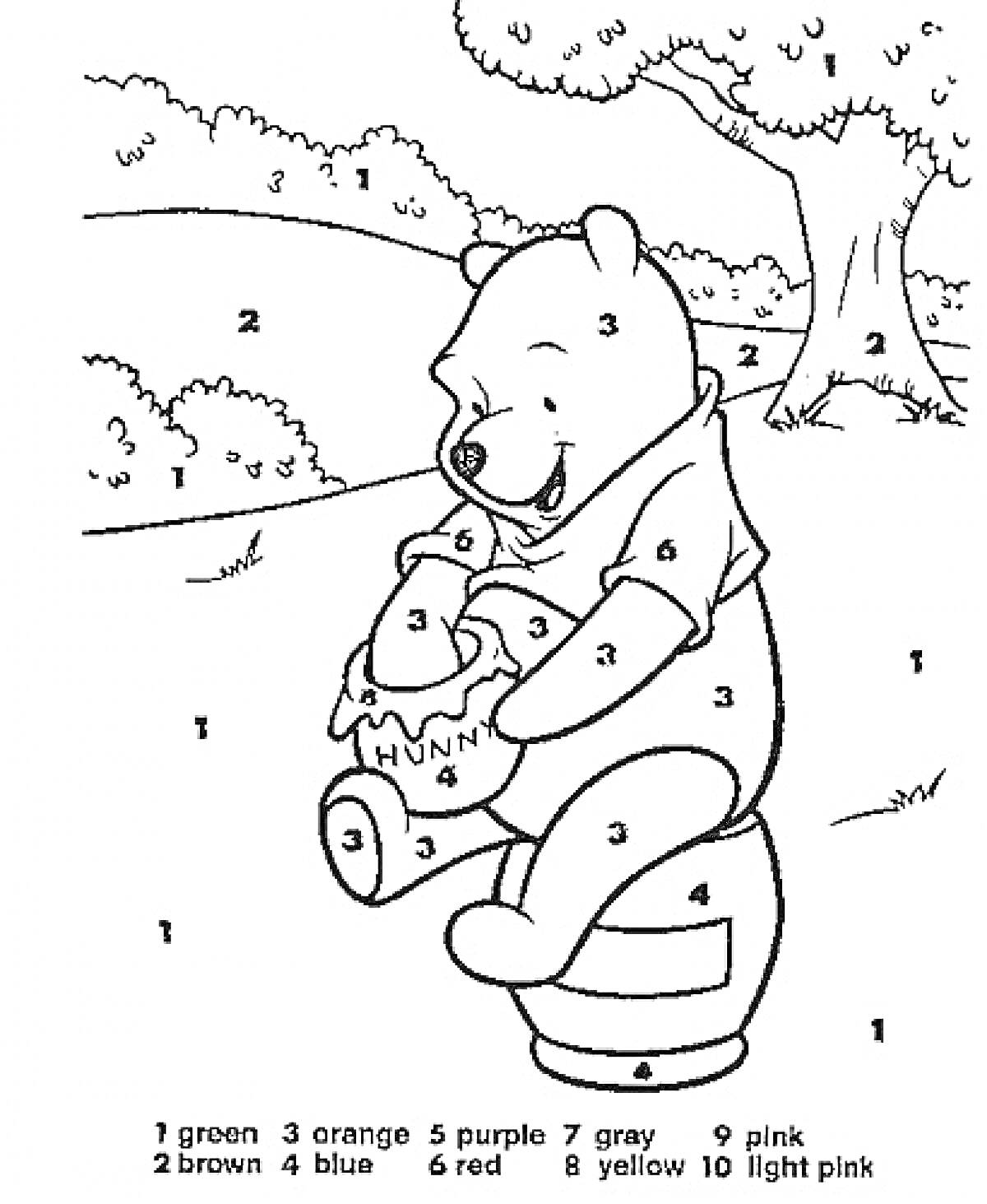 Раскраска Медвежонок с горшочком меда и деревом на заднем плане, закрашиваем по номерам