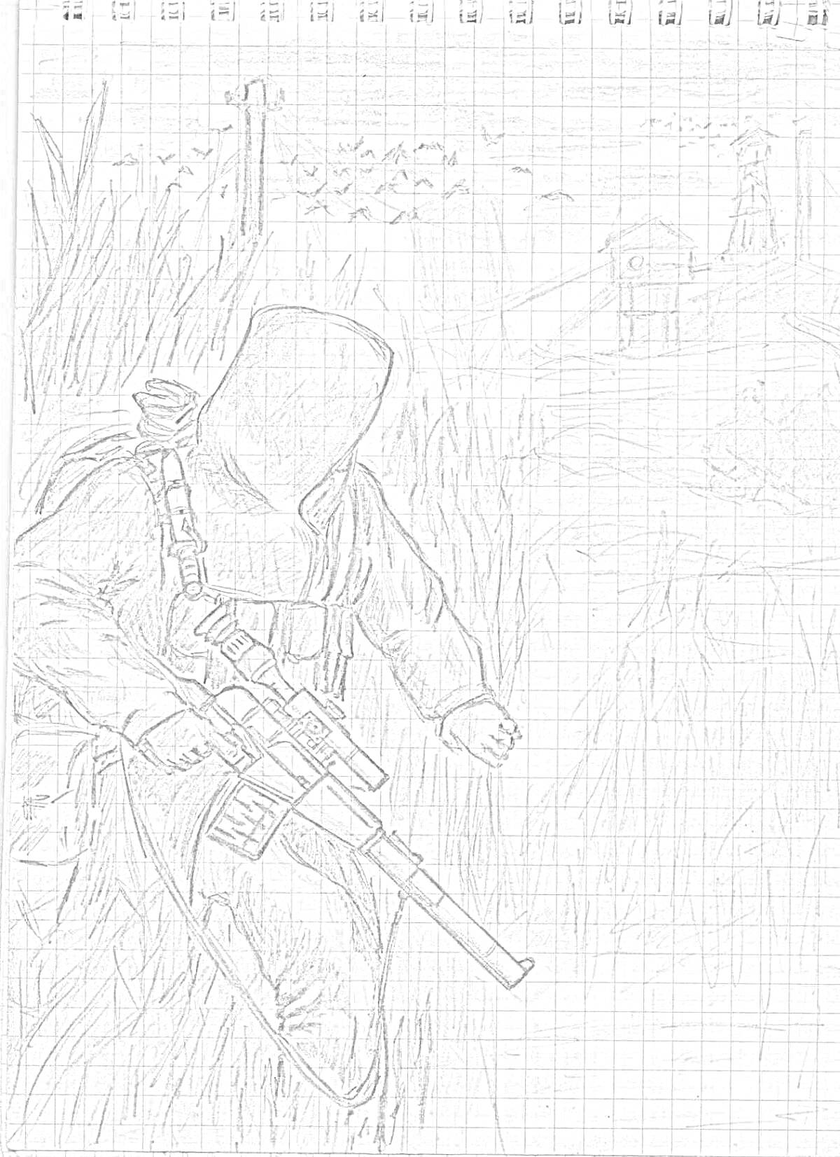 Сталкер в засаде с винтовкой, пейзаж с разрушенными строениями, крестом и стаей птиц