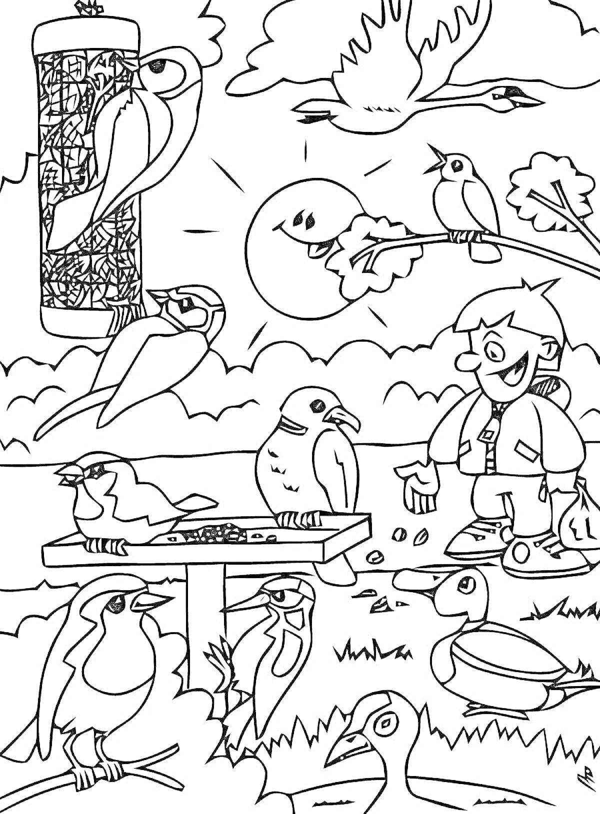 На раскраске изображено: Зимующие птицы, Скворечник, Облака, Небо, Природа, Ребёнок, Кормление птиц, Зима, Деревья