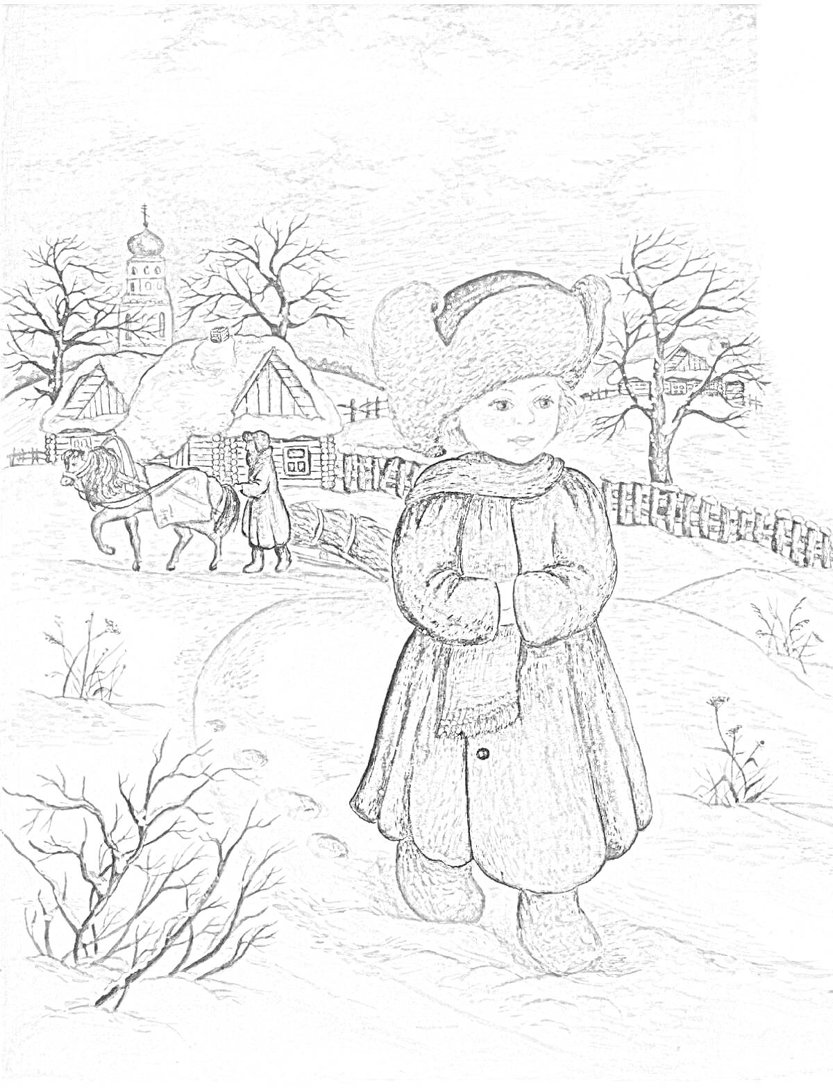 Раскраска Мальчик Филиппок в зимней деревне, едет на санях, лошадь, церковь, домики в снегу