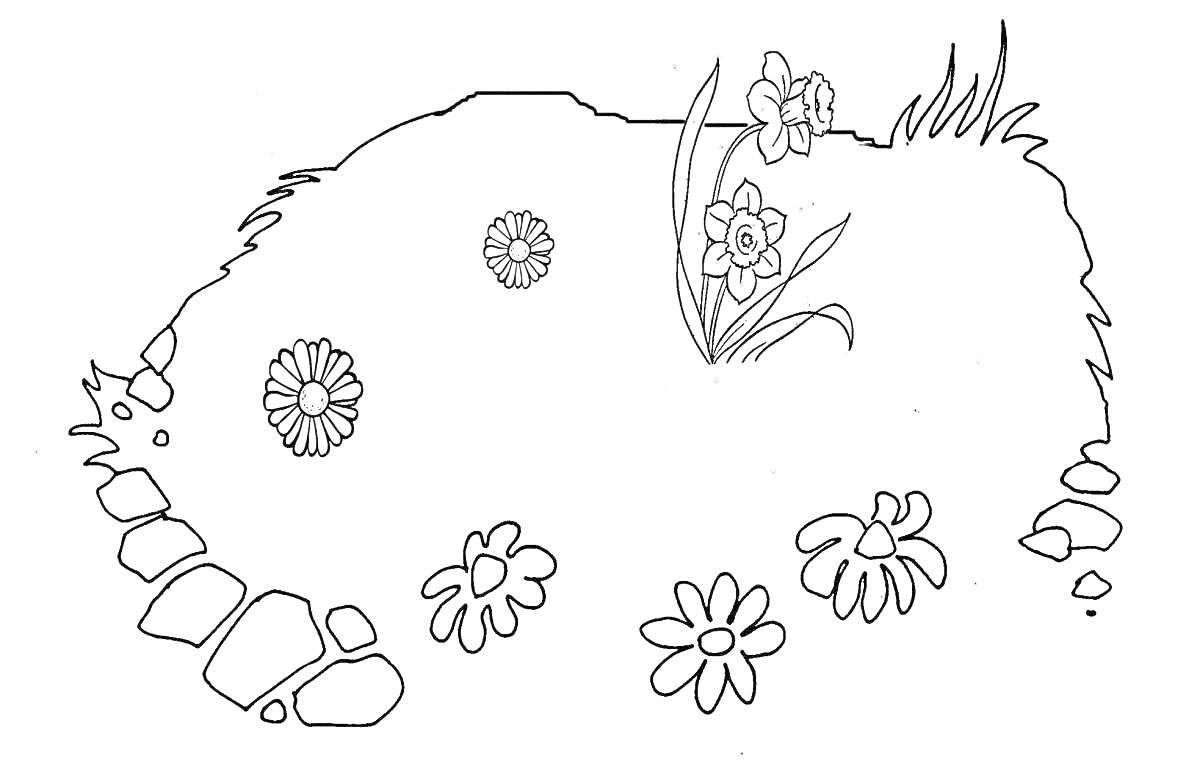На раскраске изображено: Цветы, Камни, Трава, Природа