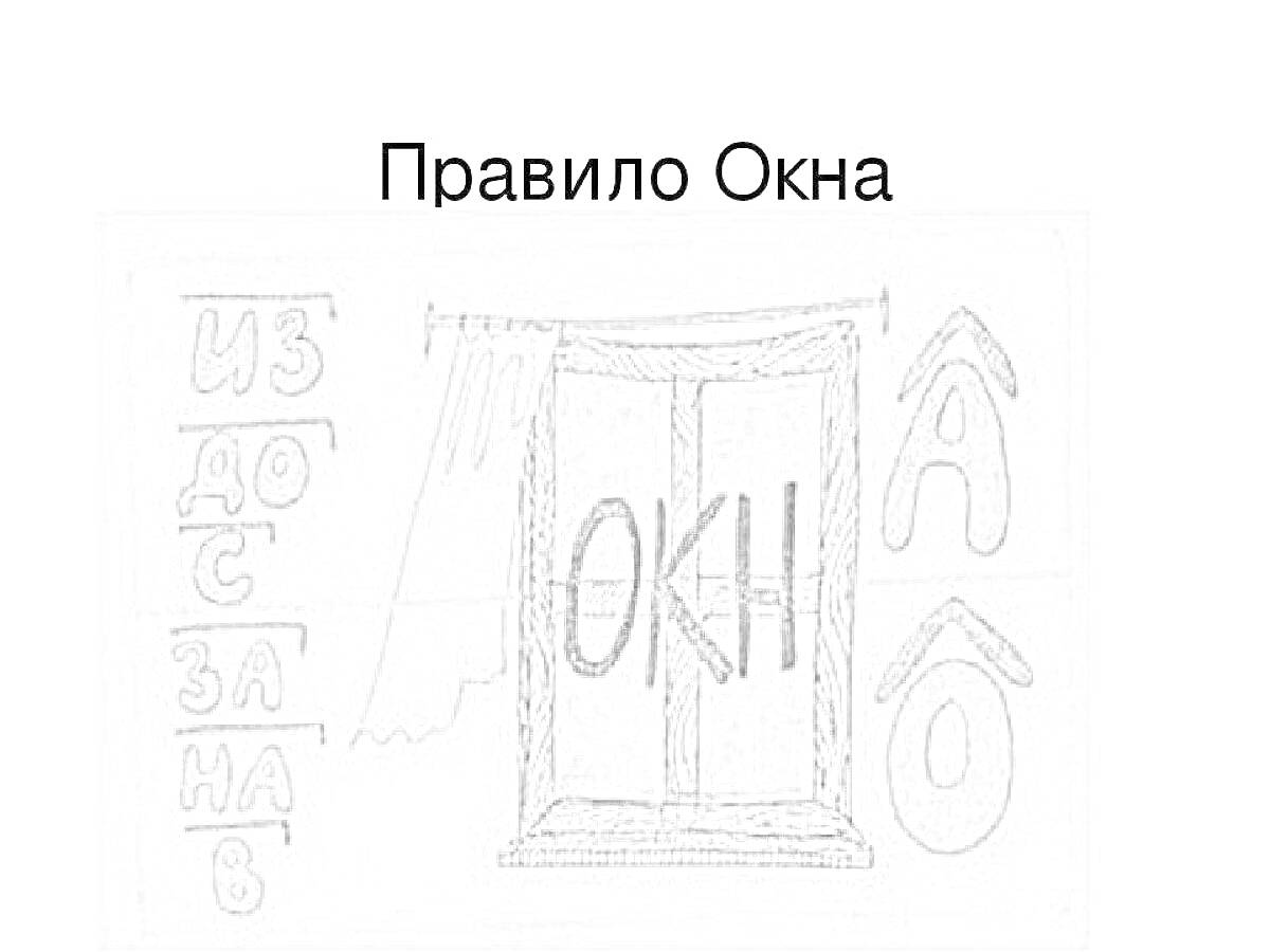 Раскраска Правило Окна: из, до, с, за, на, в, окно, а, о