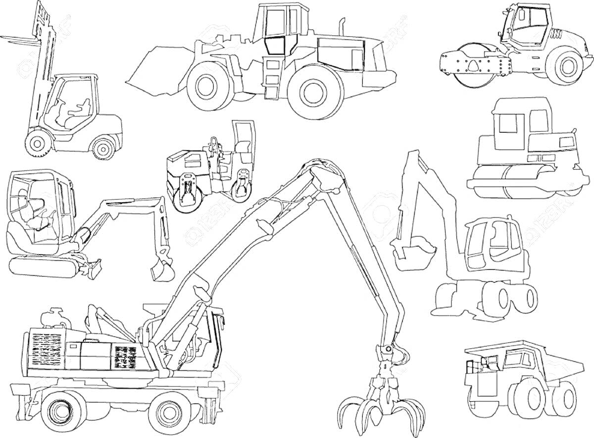На раскраске изображено: Строительные машины, Фронтальный погрузчик, Дорожный каток, Вилочный погрузчик, Экскаватор