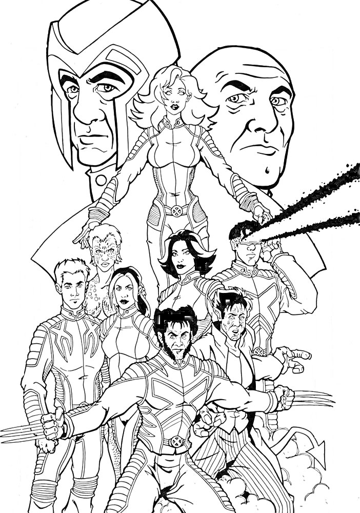Раскраска Люди Икс - Команда супергероев с лидерами на заднем плане, стреляющий лазером персонаж, герои с когтями, женщина с длинными волосами, мужчина с бородой