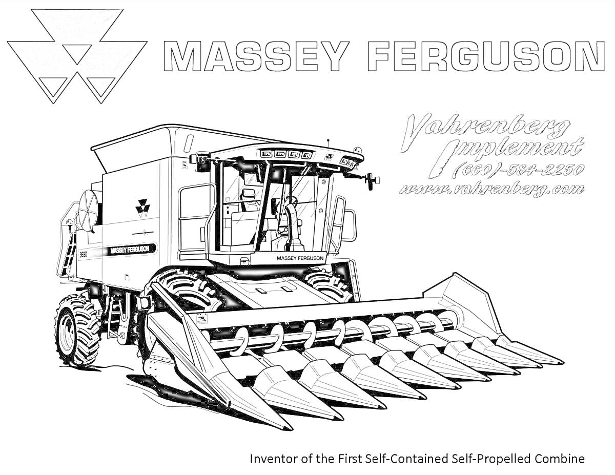 Раскраска комбайн Massey Ferguson с жаткой, три верхних треугольных логотипа, текстовое название Massey Ferguson в верхней части, контактные данные и логотипы компании Yuleenberg Equipment