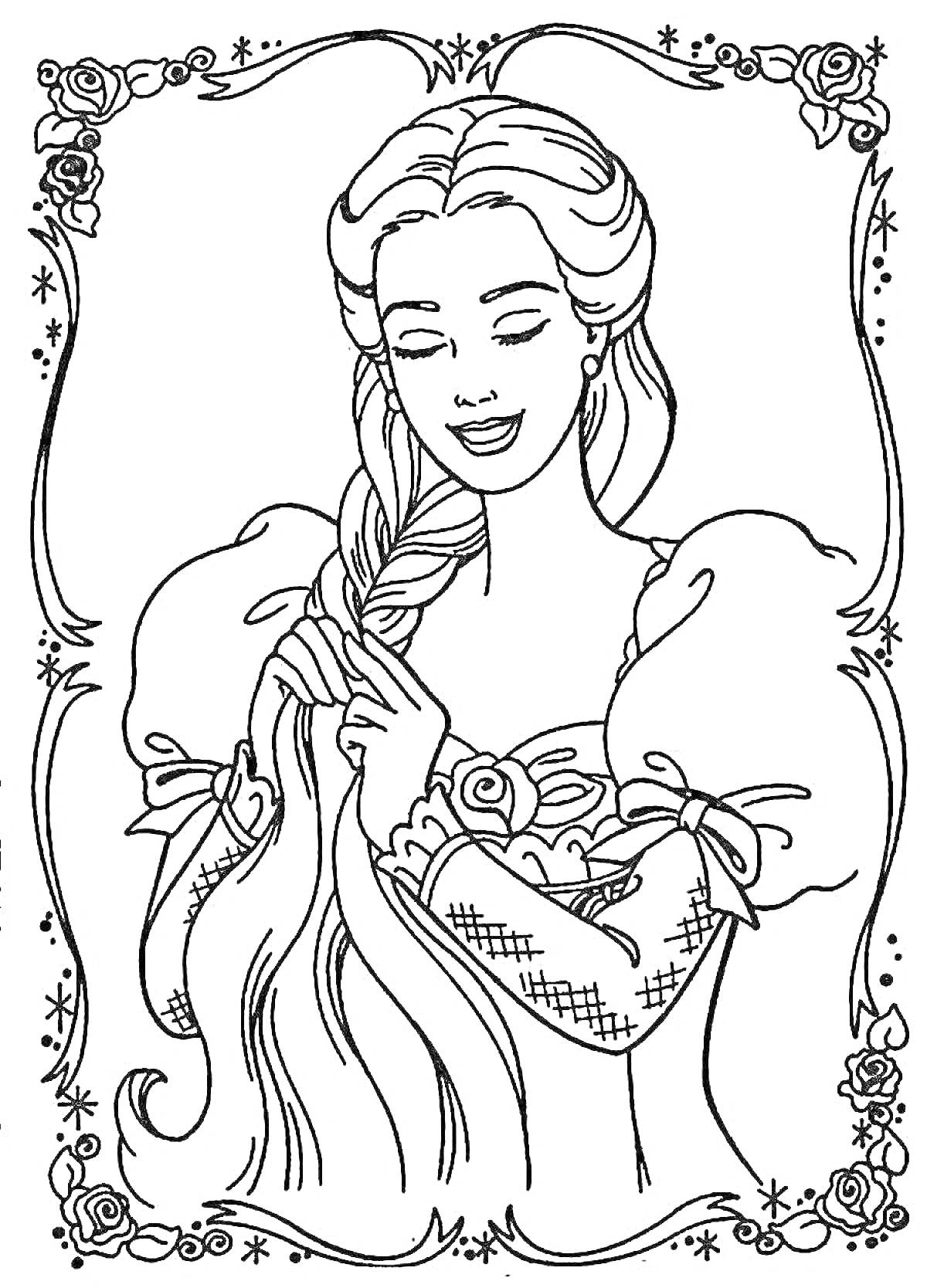 Раскраска Девушка с длинной косой в платье с пышными рукавами на фоне рамки с цветочным орнаментом