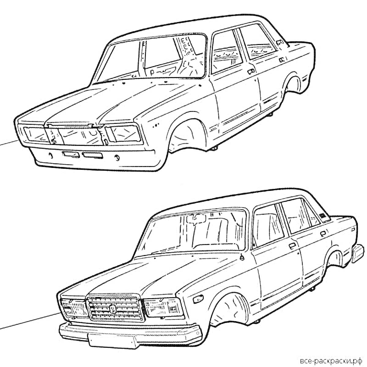 Раскраска Рисунок двух автомобилей ВАЗ 2107. Верхний автомобиль виден под углом спереди-сбоку, нижний автомобиль виден под углом спереди-сбоку с другого ракурса.