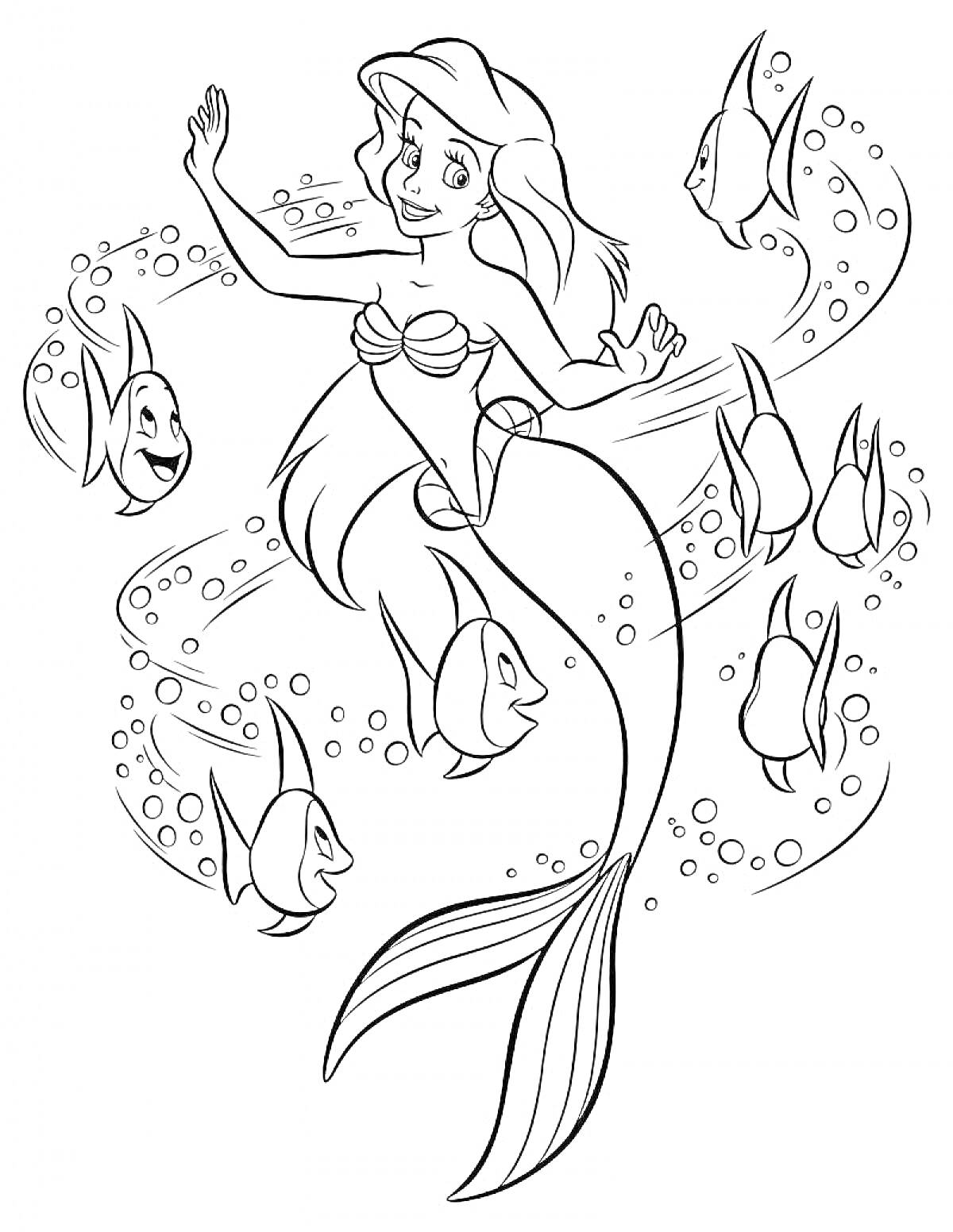 Раскраска Русалочка с пятью рыбками, пузырьками и длинными волосами