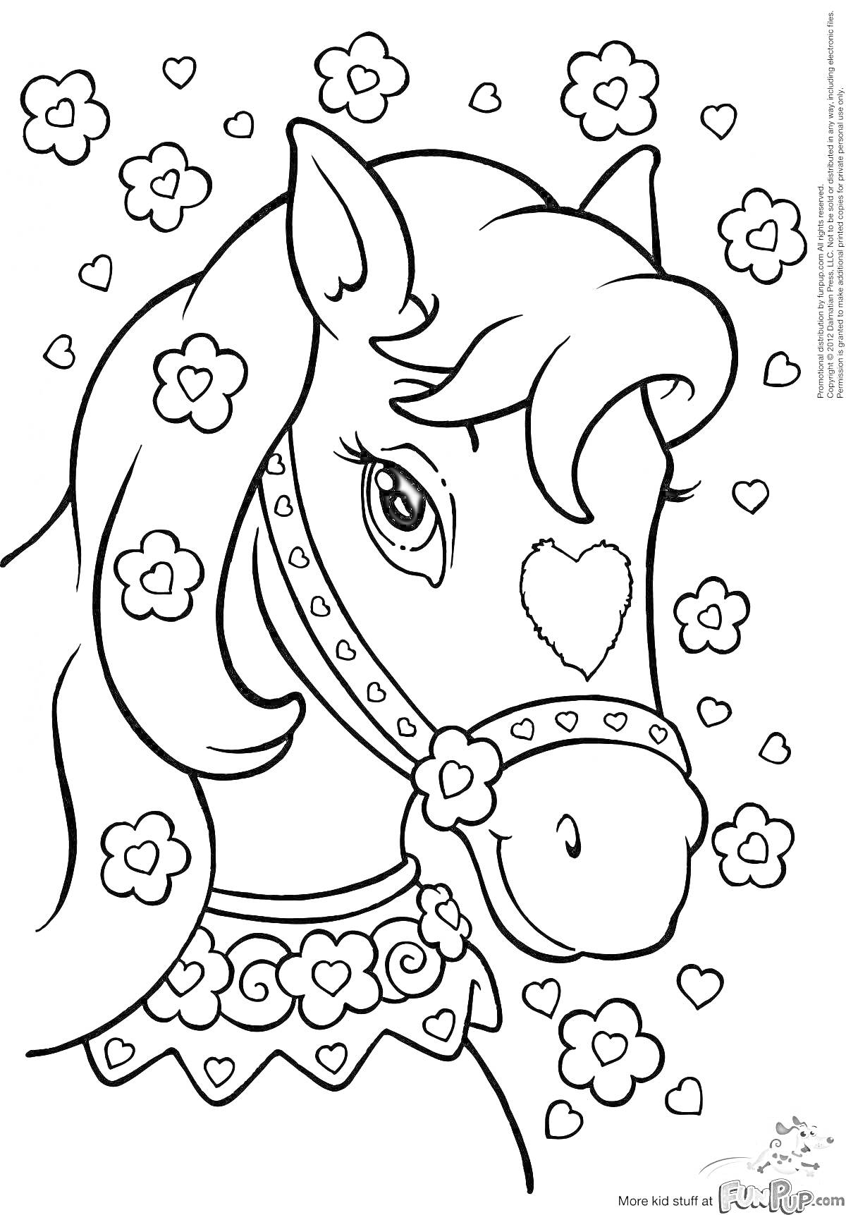 Раскраска Лошадка с сердечком на лбу в окружении цветочков
