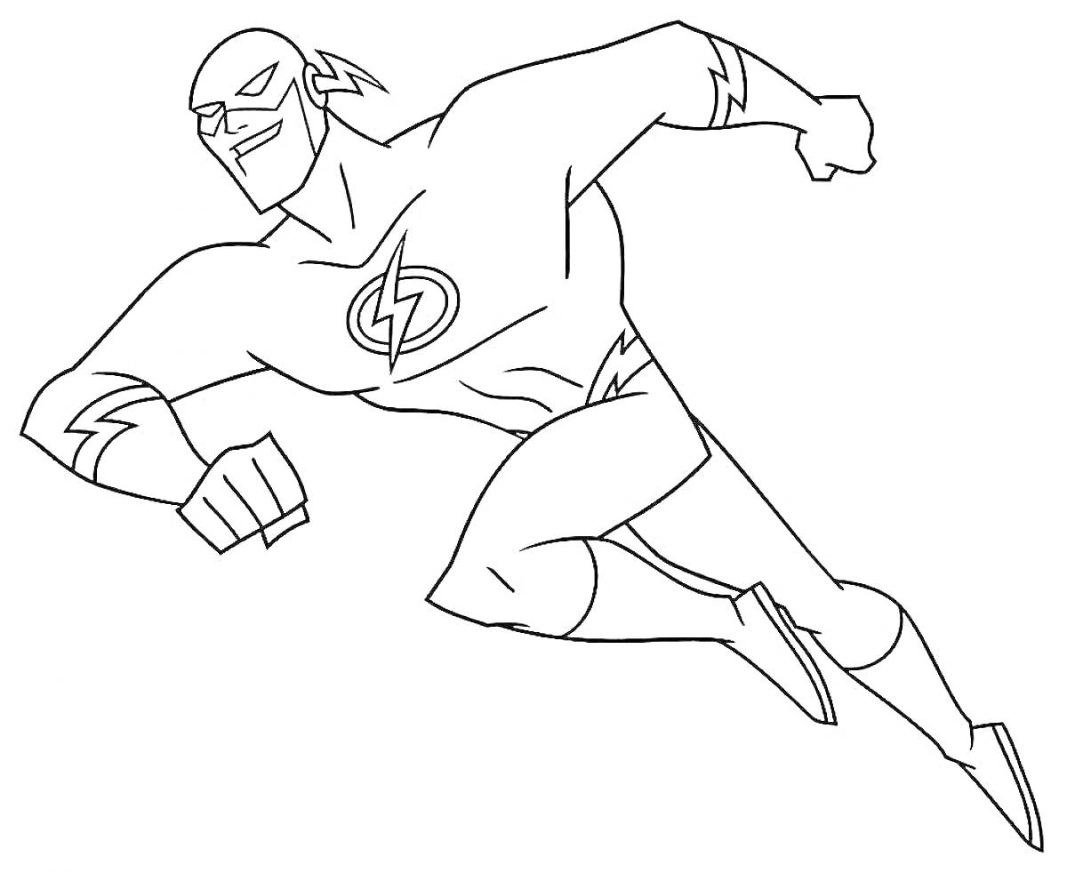 Раскраска супергерой Флэш в костюме, в движении, на белом фоне, без заполнения цветов
