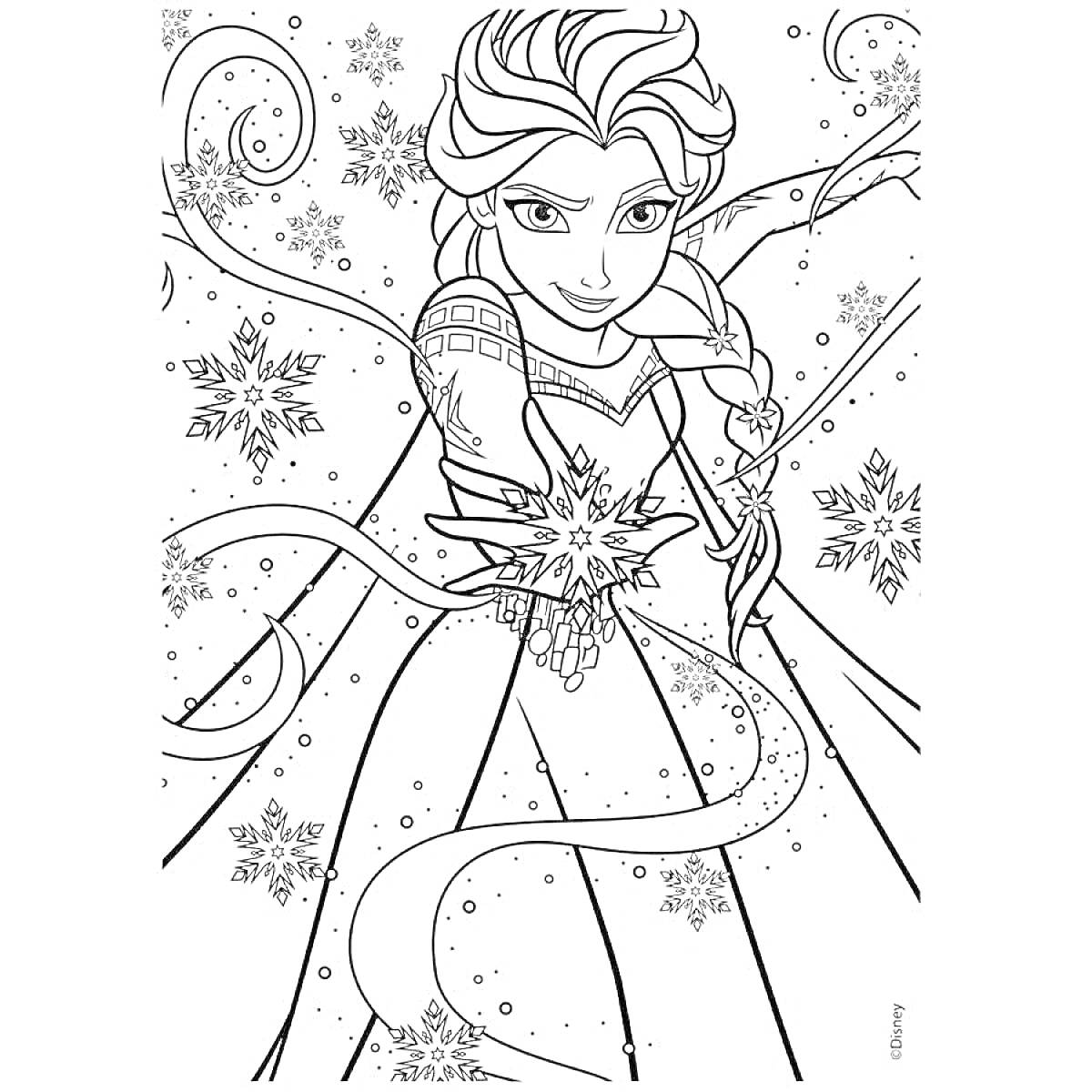 На раскраске изображено: Эльза, Снежинки, Магия, Зима
