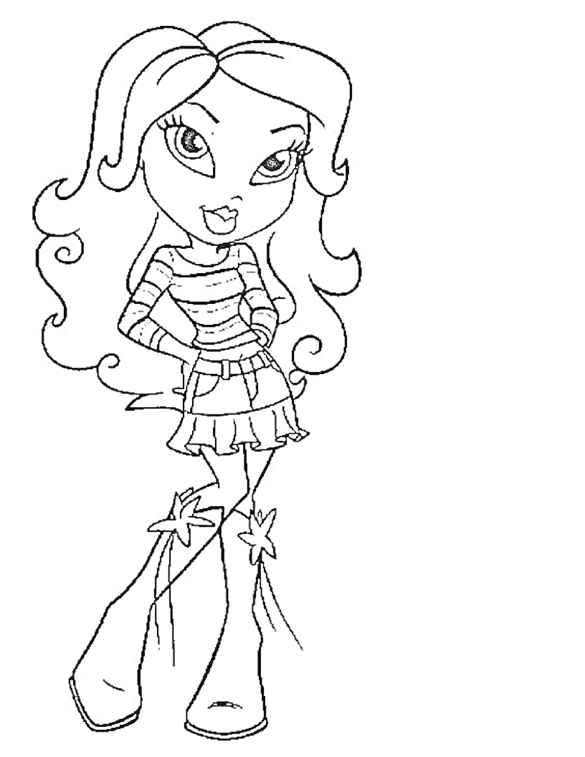 Раскраска Девочка Братц с длинными волосами в полосатом свитере и юбке, в сапогах на высоких каблуках