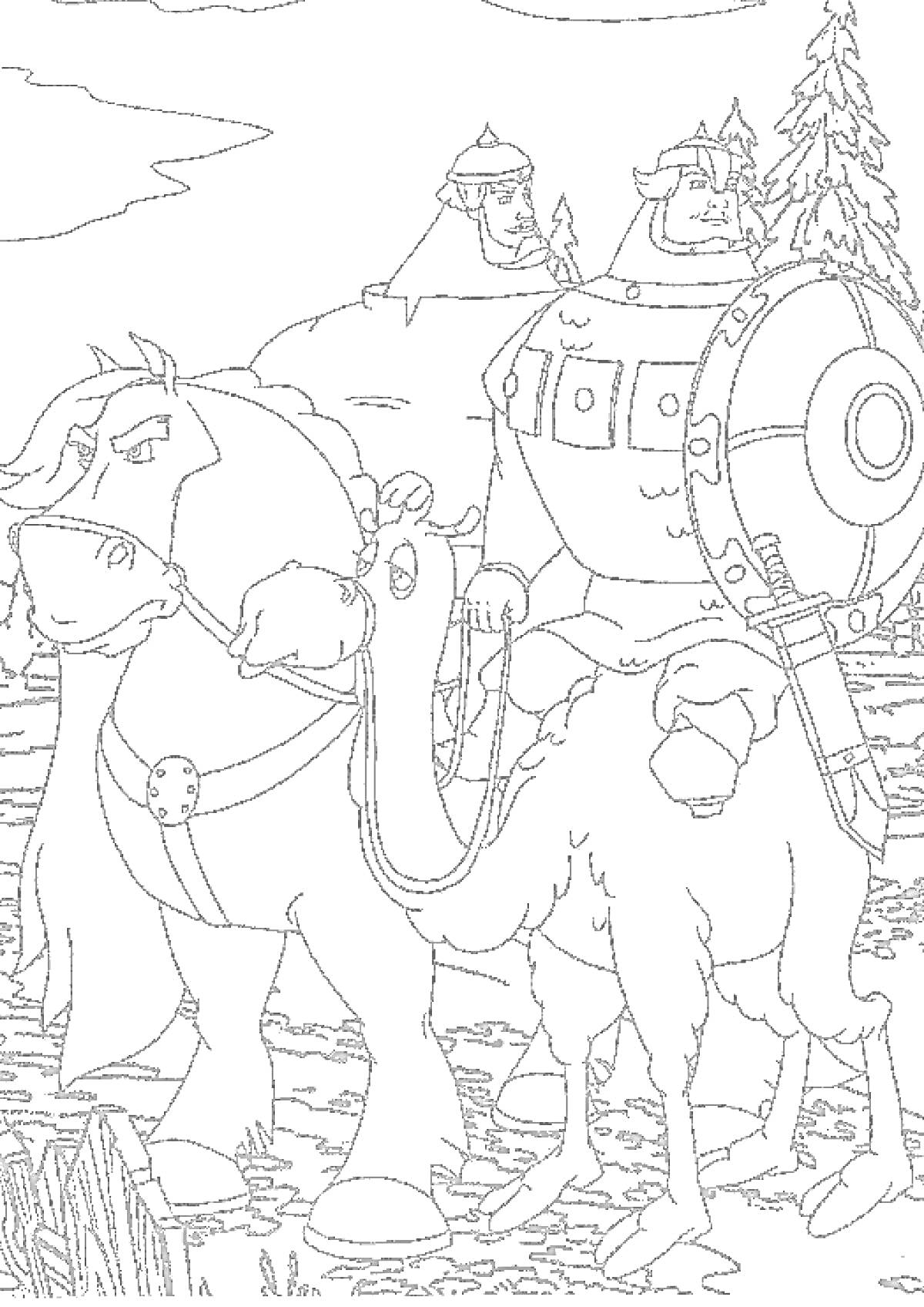 Раскраска Богатырь с мечом и щитом на фоне природы, с конем и верблюдом