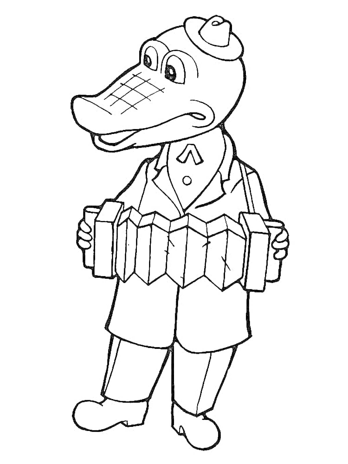 Раскраска Крокодил Гена в шляпе с аккордеоном