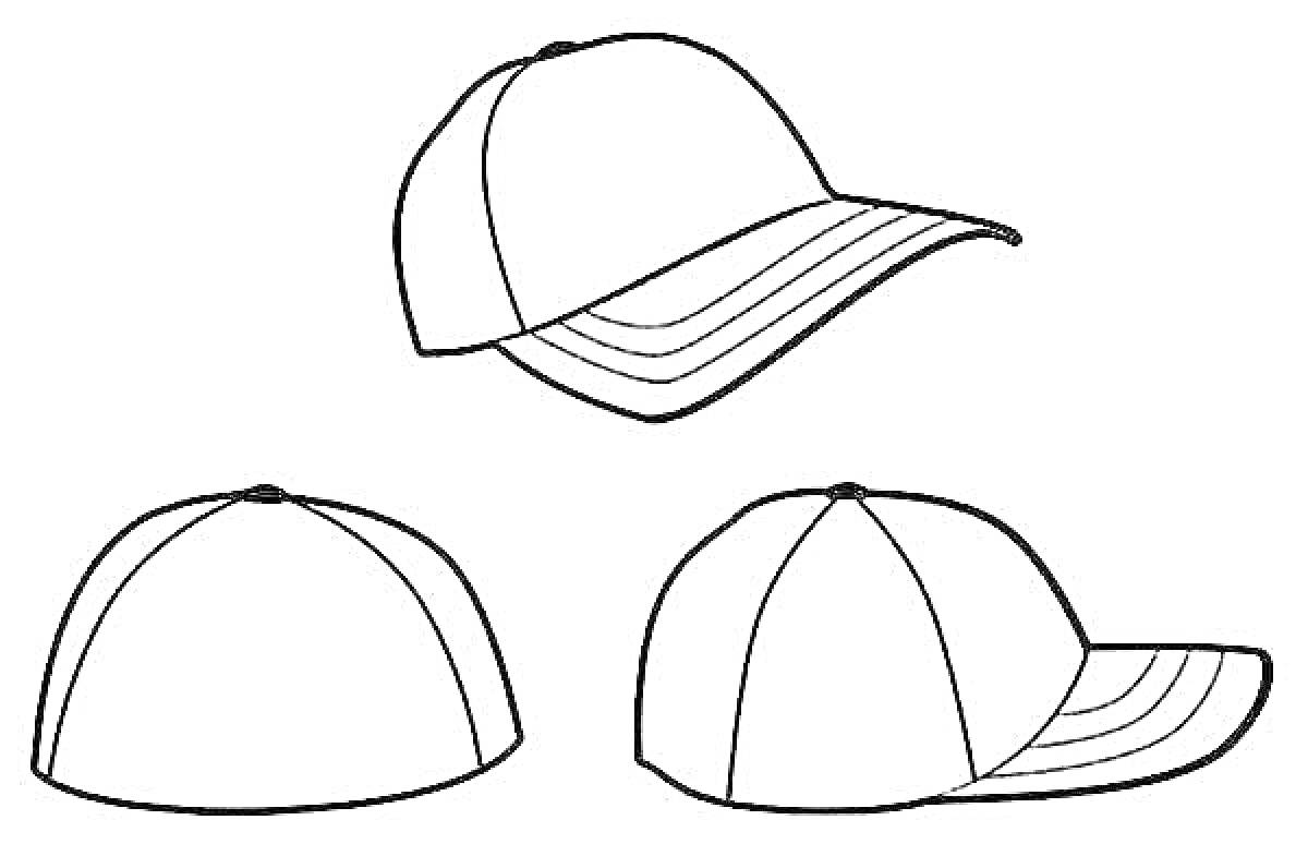 Раскраска три бейсболки с козырьком в разных ракурсах