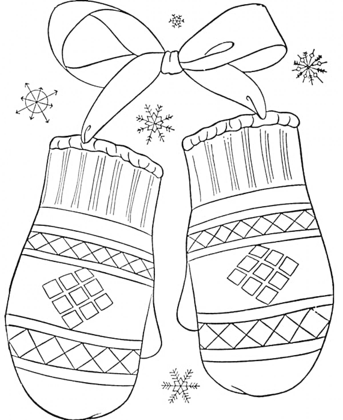 На раскраске изображено: Бант, Снежинки, Одежда для детей, Зимняя одежда, Зима, Варежка, Узоры