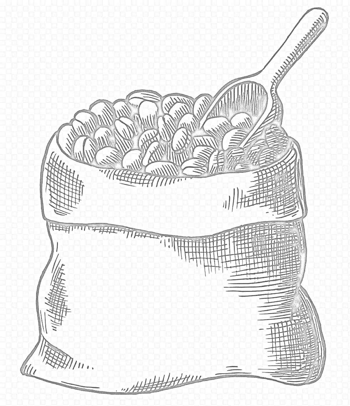 Раскраска Мешок зерна с зернами и мерной ложкой