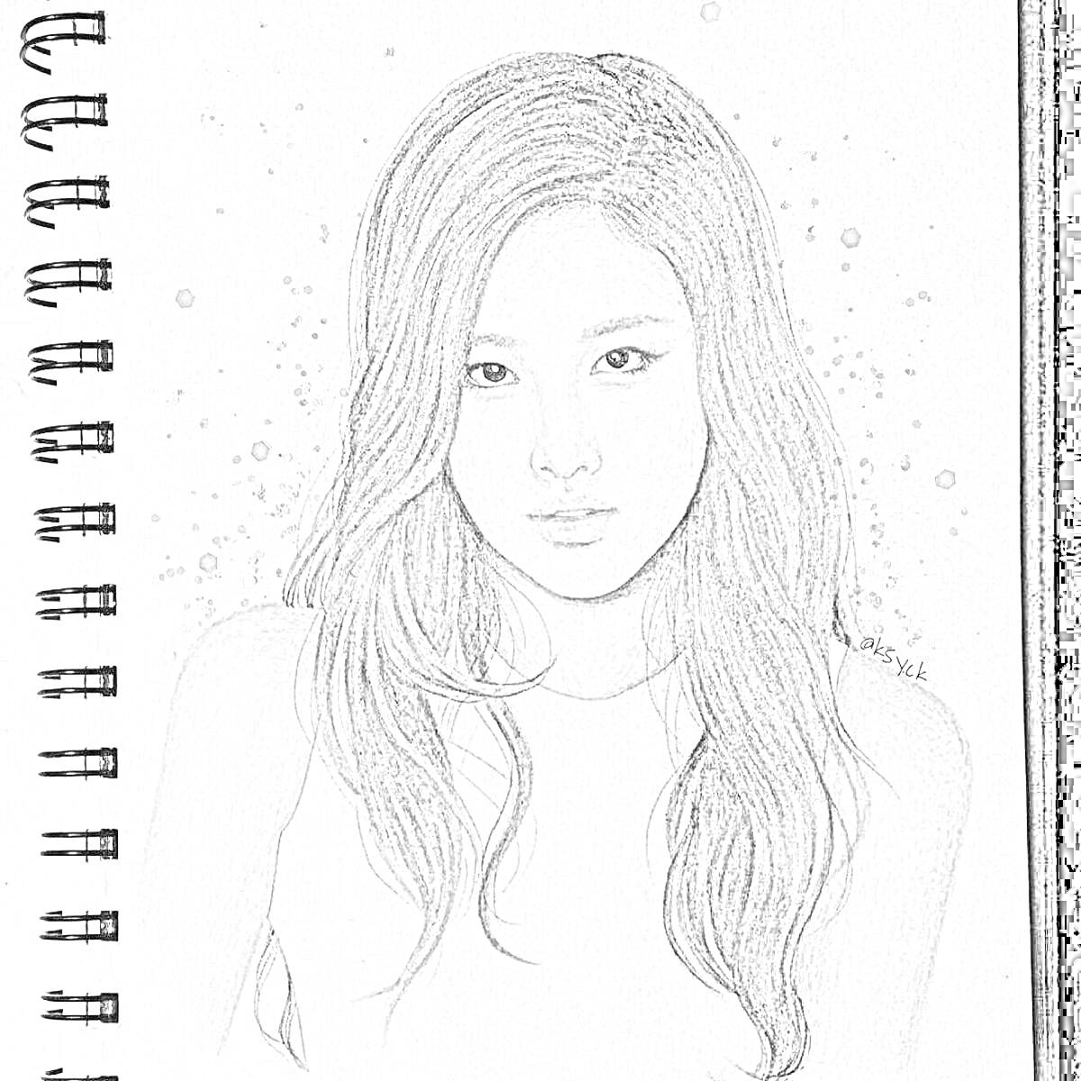 Раскраска Портрет девушки с длинными волосами в белой майке на фоне страниц блокнота