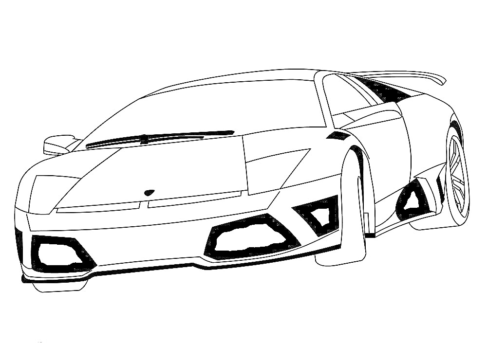 Раскраска Чёрно-белая раскраска Ламборджини с агрессивным дизайном, большой передней решеткой, низким аэродинамическим кузовом, спортивными колесами и задним спойлером.