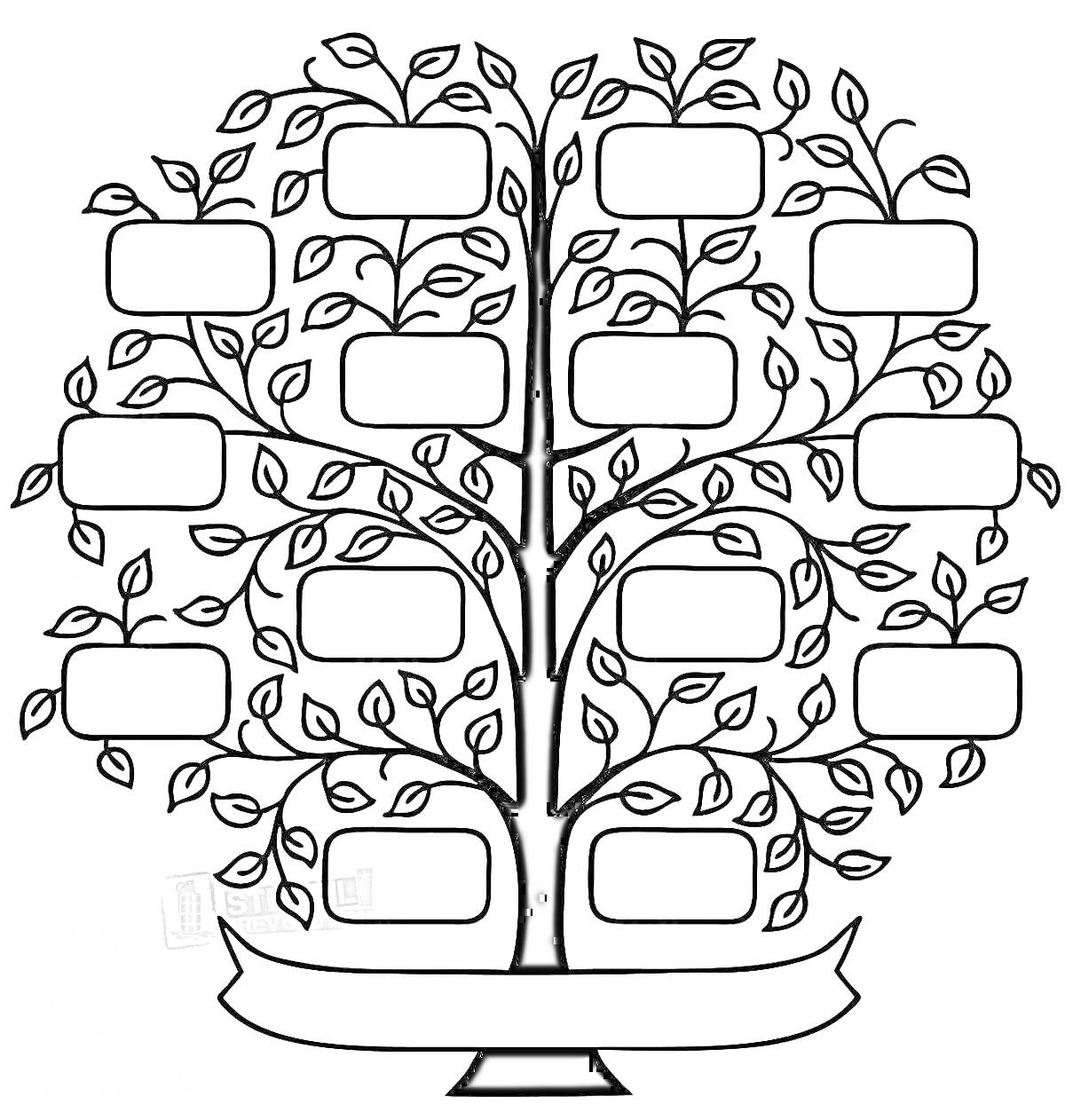 Раскраска Древо родословное с прямоугольными местами для имен и лентой внизу