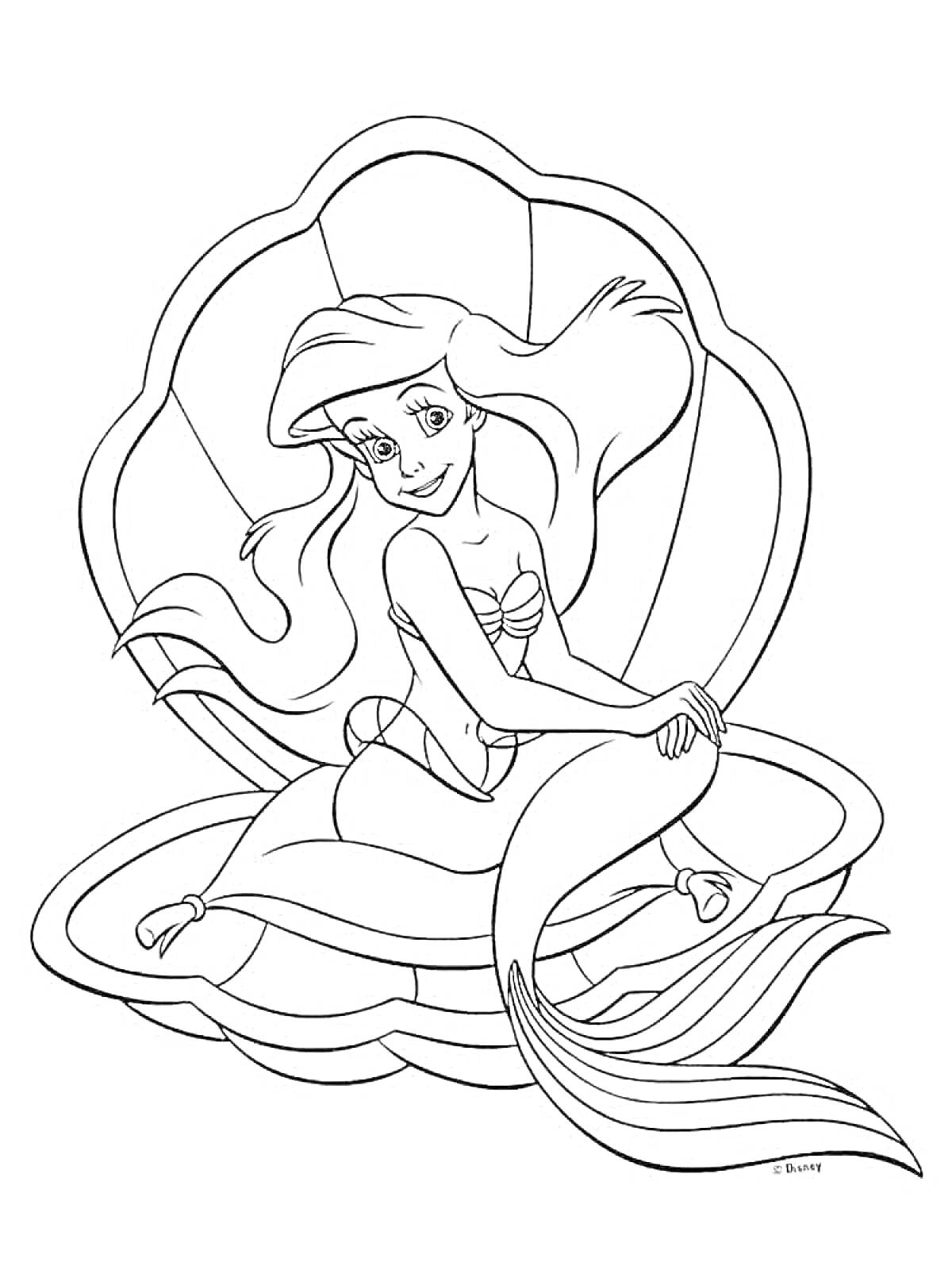 Раскраска Русалочка Ариэль сидит на ракушке