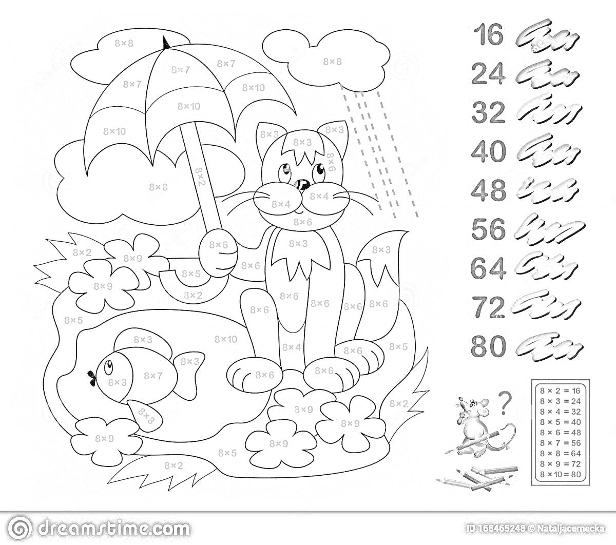 Раскраска Кот под зонтиком, рыба в пруду, цветы, облака, таблица умножения тренажер
