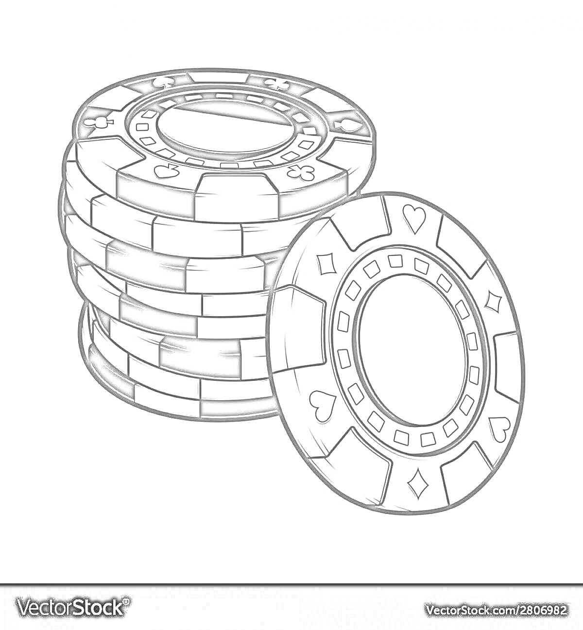 Раскраска Стопка фишек с изображениями мастей