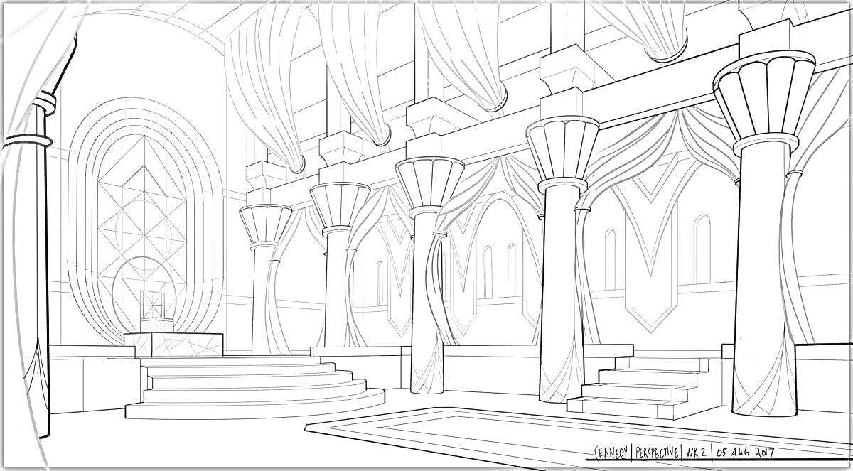 Раскраска Царские палаты с колоннами, занавесями, лестницей и троном